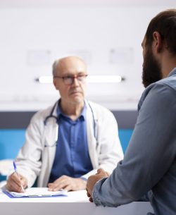 Elderly healthcare specialist in medical office talks with male patient, taking notes on his clipboard. Professional old physician listening to health concerns of young man during clinic appointment.
